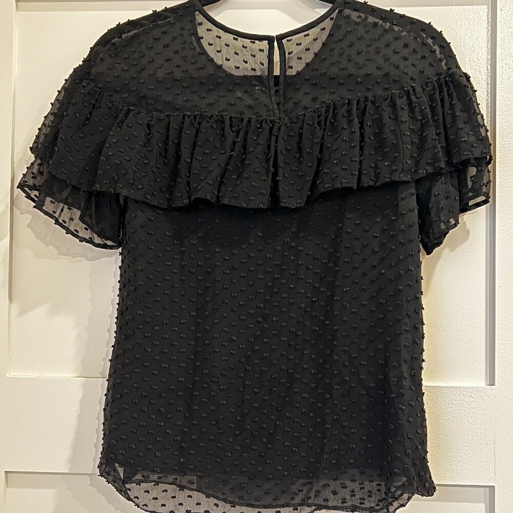 J. Crew Top Women's Size XS Black Flutter Sleeve Polka Dot Blouse
